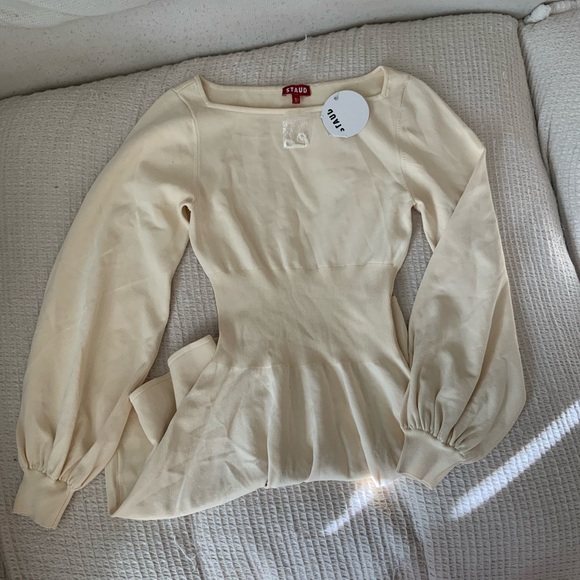 NWT New STAUD CLAUDE Sweater Knit Mini Long Sleeve DRESS Boat Neck BUTTERCREAM - Picture 9 of 12